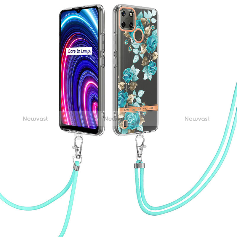 Silicone Candy Rubber Gel Fashionable Pattern Soft Case Cover with Lanyard Strap Y06B for Realme C21Y Cyan