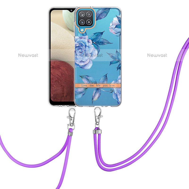 Silicone Candy Rubber Gel Fashionable Pattern Soft Case Cover with Lanyard Strap Y06B for Samsung Galaxy A12 Blue