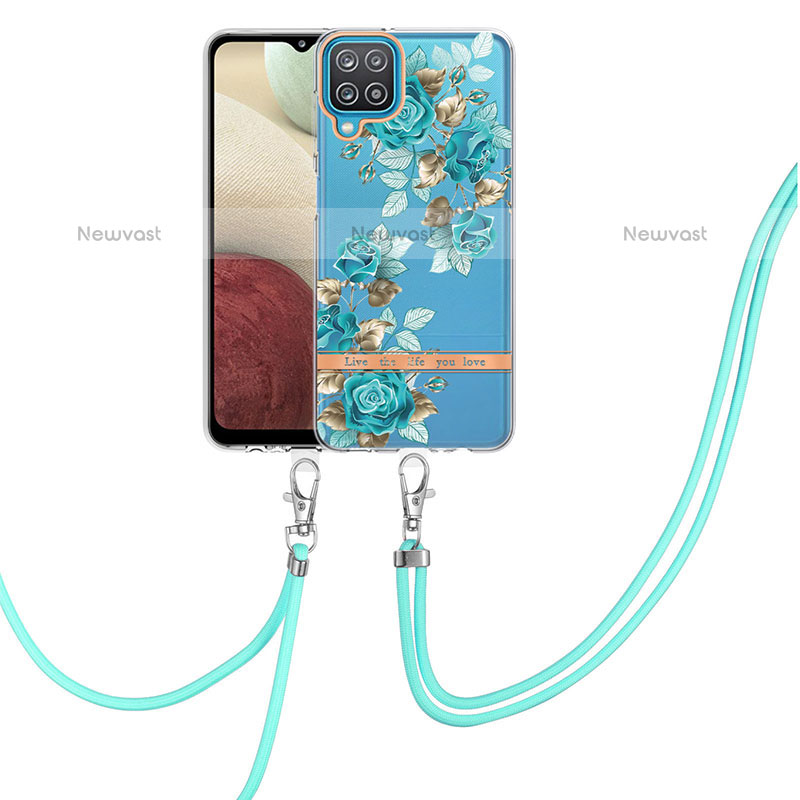 Silicone Candy Rubber Gel Fashionable Pattern Soft Case Cover with Lanyard Strap Y06B for Samsung Galaxy A12 Cyan