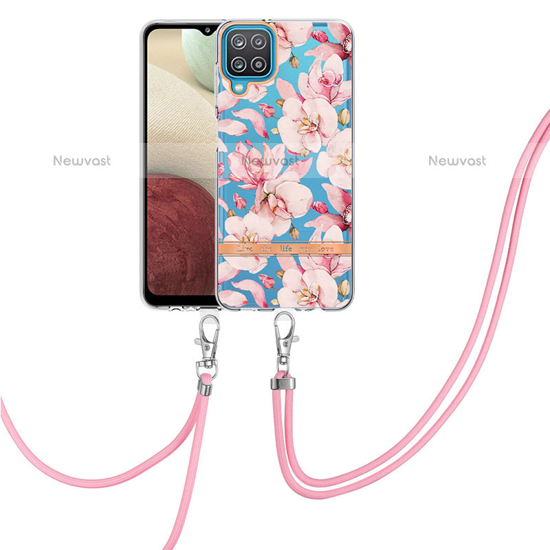 Silicone Candy Rubber Gel Fashionable Pattern Soft Case Cover with Lanyard Strap Y06B for Samsung Galaxy A12 Pink