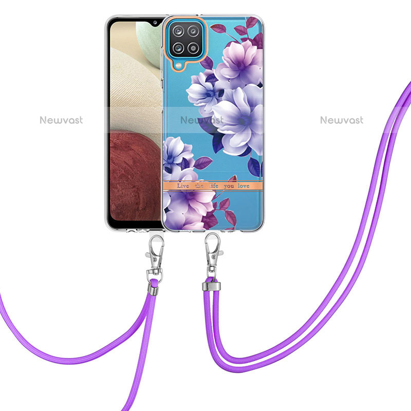 Silicone Candy Rubber Gel Fashionable Pattern Soft Case Cover with Lanyard Strap Y06B for Samsung Galaxy A12 Purple