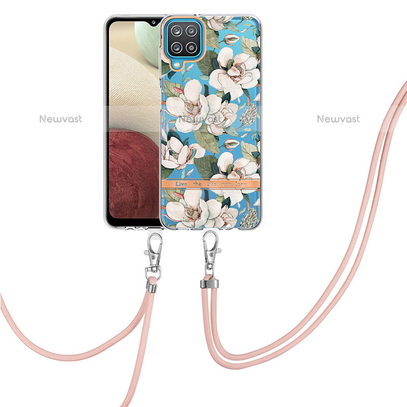 Silicone Candy Rubber Gel Fashionable Pattern Soft Case Cover with Lanyard Strap Y06B for Samsung Galaxy A12 White