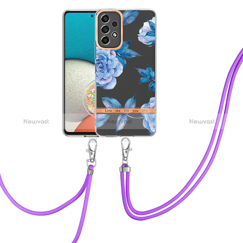 Silicone Candy Rubber Gel Fashionable Pattern Soft Case Cover with Lanyard Strap Y06B for Samsung Galaxy A13 4G Blue