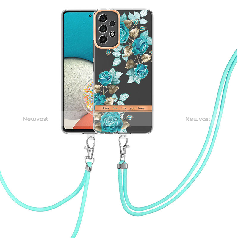 Silicone Candy Rubber Gel Fashionable Pattern Soft Case Cover with Lanyard Strap Y06B for Samsung Galaxy A13 4G Cyan
