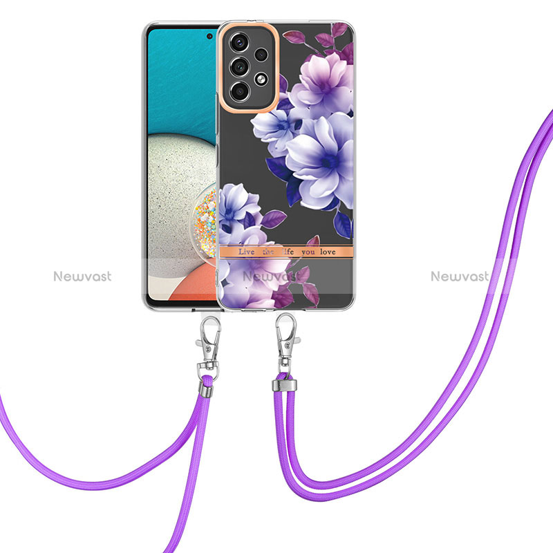 Silicone Candy Rubber Gel Fashionable Pattern Soft Case Cover with Lanyard Strap Y06B for Samsung Galaxy A13 4G Purple