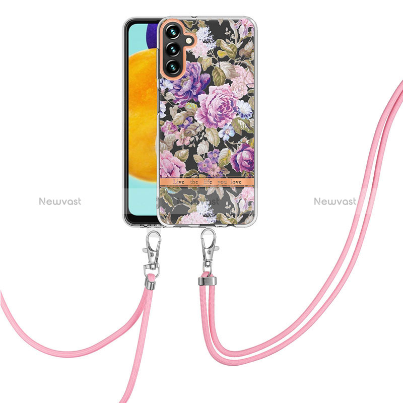 Silicone Candy Rubber Gel Fashionable Pattern Soft Case Cover with Lanyard Strap Y06B for Samsung Galaxy A13 5G Clove Purple