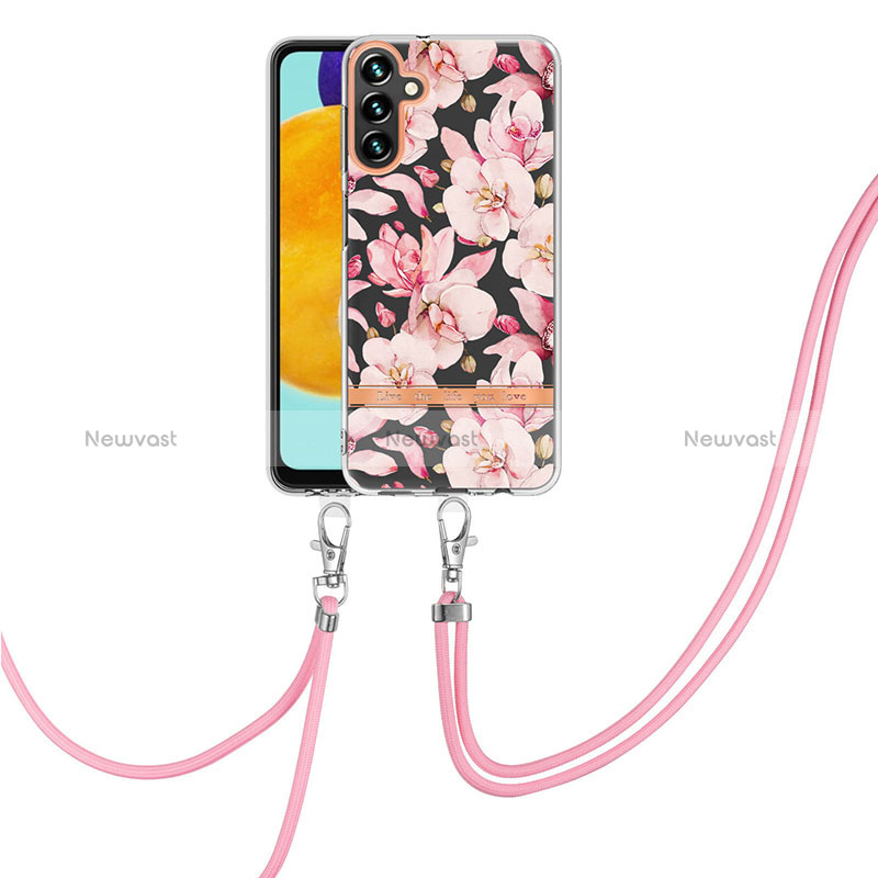 Silicone Candy Rubber Gel Fashionable Pattern Soft Case Cover with Lanyard Strap Y06B for Samsung Galaxy A13 5G Pink