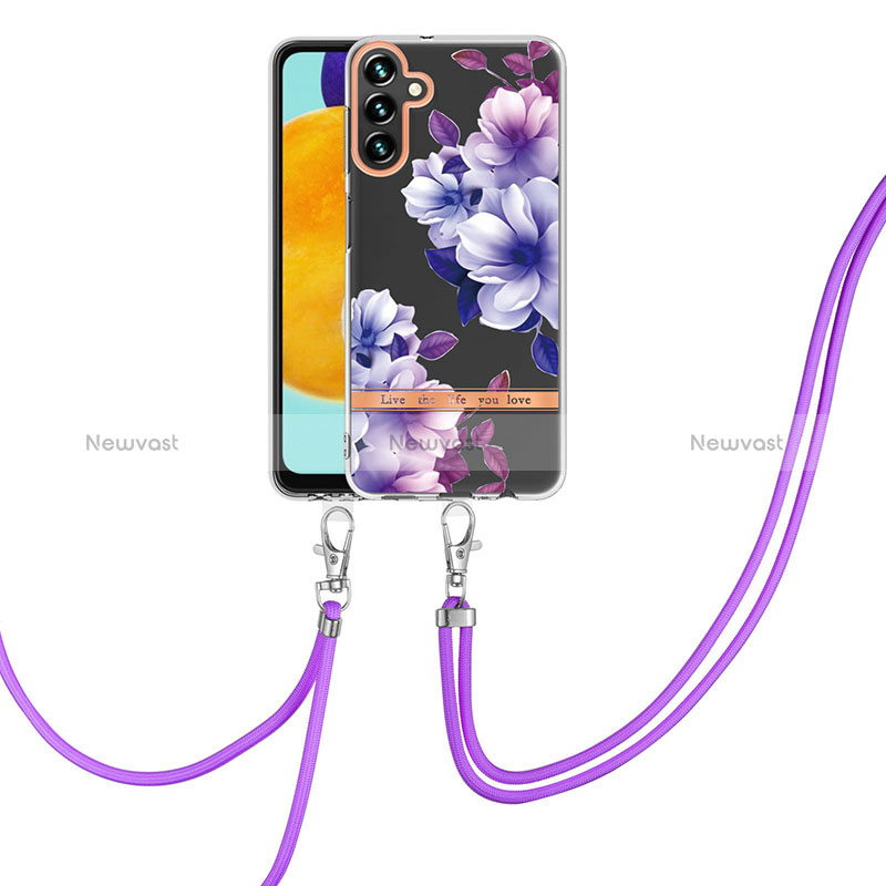 Silicone Candy Rubber Gel Fashionable Pattern Soft Case Cover with Lanyard Strap Y06B for Samsung Galaxy A13 5G Purple