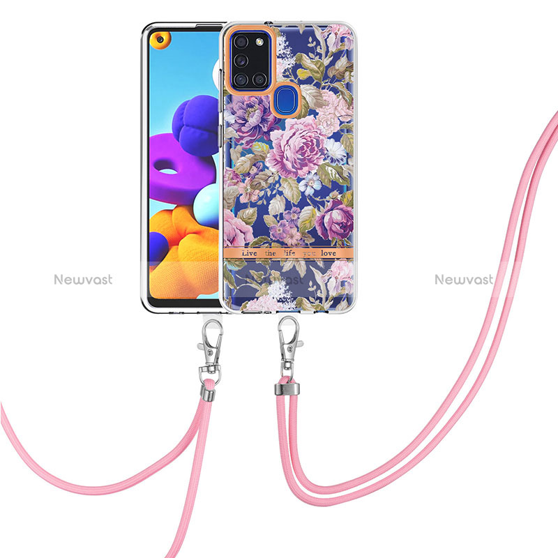 Silicone Candy Rubber Gel Fashionable Pattern Soft Case Cover with Lanyard Strap Y06B for Samsung Galaxy A21s Clove Purple