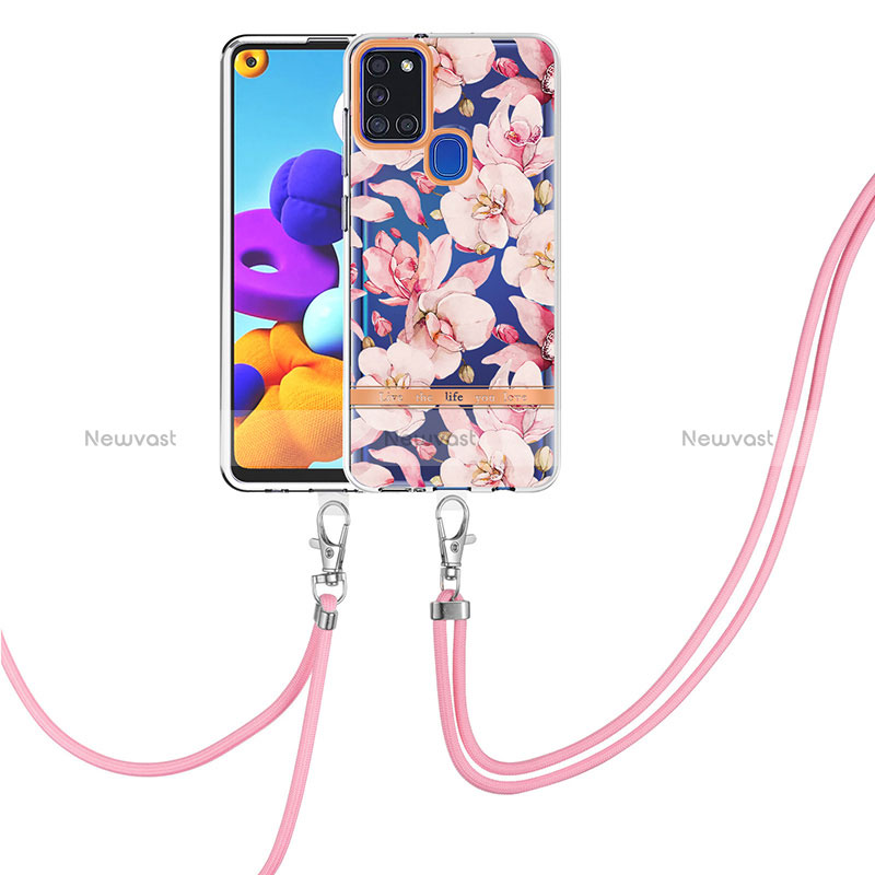 Silicone Candy Rubber Gel Fashionable Pattern Soft Case Cover with Lanyard Strap Y06B for Samsung Galaxy A21s Pink