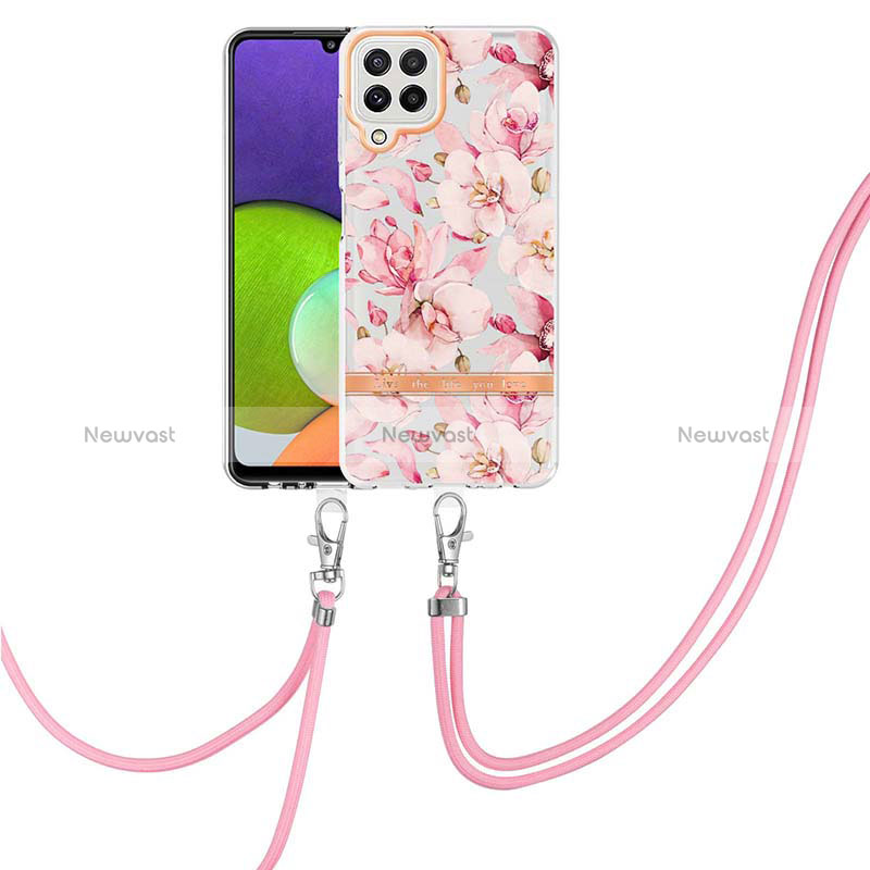 Silicone Candy Rubber Gel Fashionable Pattern Soft Case Cover with Lanyard Strap Y06B for Samsung Galaxy A22 4G Pink