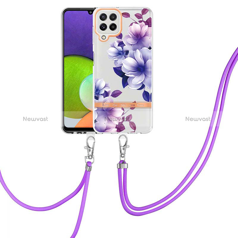 Silicone Candy Rubber Gel Fashionable Pattern Soft Case Cover with Lanyard Strap Y06B for Samsung Galaxy A22 4G Purple
