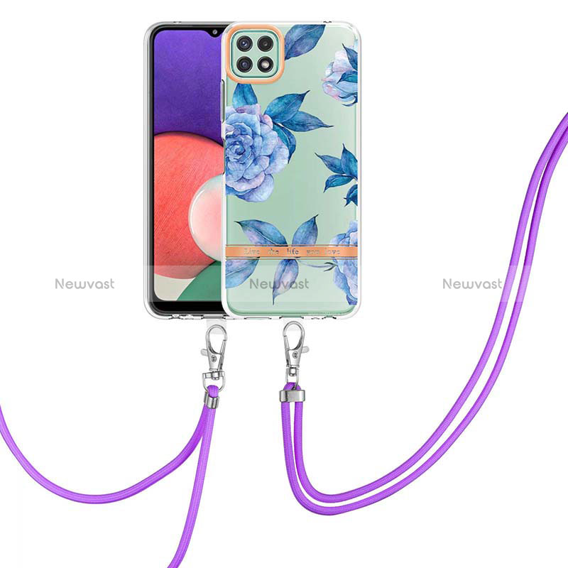 Silicone Candy Rubber Gel Fashionable Pattern Soft Case Cover with Lanyard Strap Y06B for Samsung Galaxy A22 5G Blue