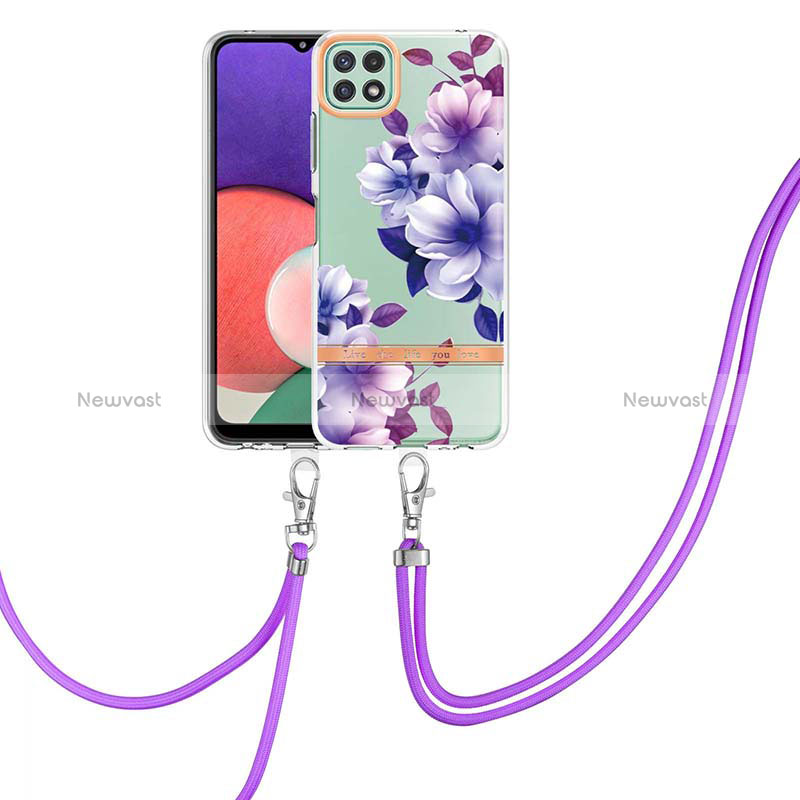 Silicone Candy Rubber Gel Fashionable Pattern Soft Case Cover with Lanyard Strap Y06B for Samsung Galaxy A22s 5G Purple