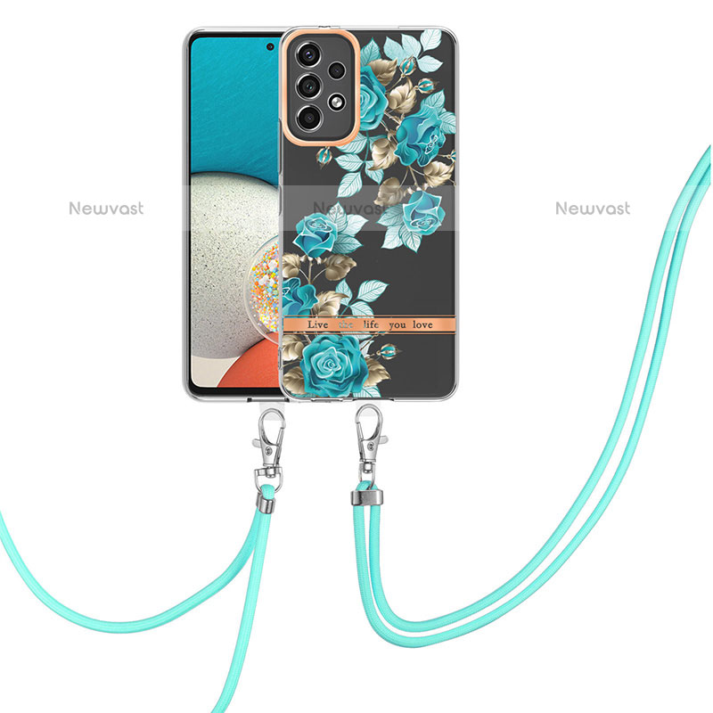Silicone Candy Rubber Gel Fashionable Pattern Soft Case Cover with Lanyard Strap Y06B for Samsung Galaxy A23 5G Cyan