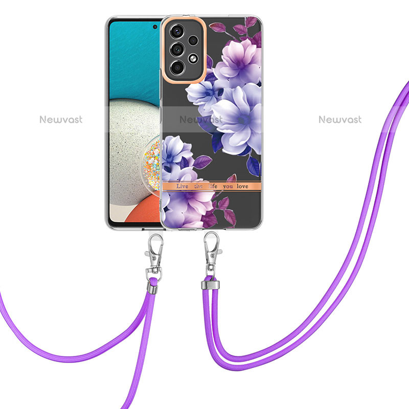 Silicone Candy Rubber Gel Fashionable Pattern Soft Case Cover with Lanyard Strap Y06B for Samsung Galaxy A23 5G Purple