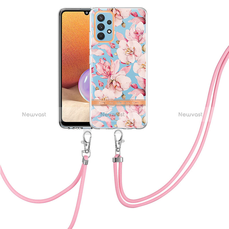 Silicone Candy Rubber Gel Fashionable Pattern Soft Case Cover with Lanyard Strap Y06B for Samsung Galaxy A32 5G Pink