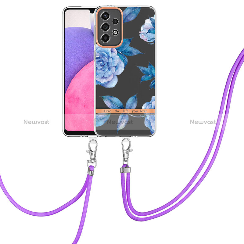 Silicone Candy Rubber Gel Fashionable Pattern Soft Case Cover with Lanyard Strap Y06B for Samsung Galaxy A33 5G Blue