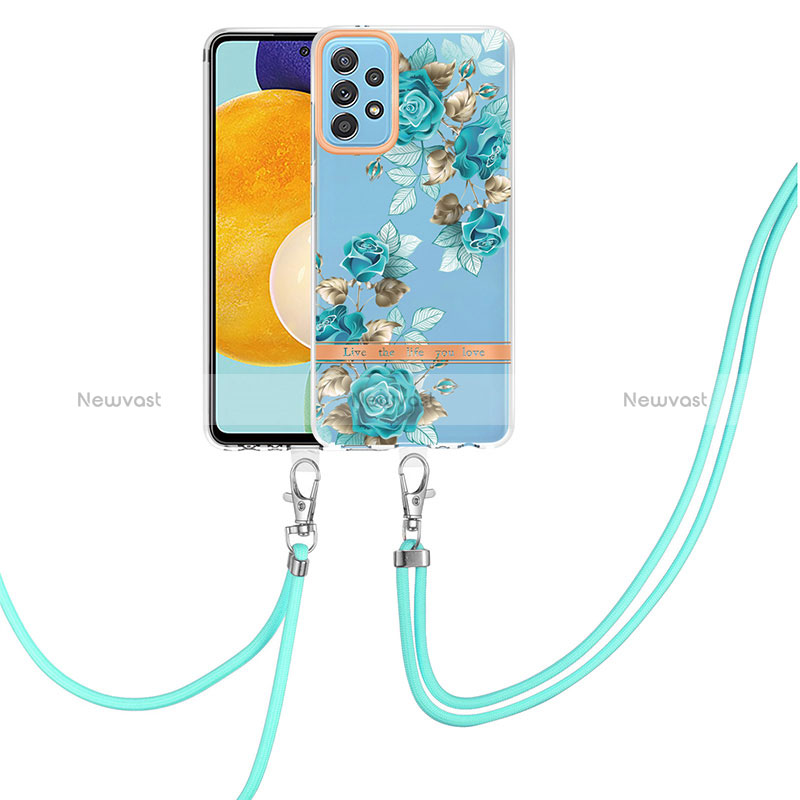 Silicone Candy Rubber Gel Fashionable Pattern Soft Case Cover with Lanyard Strap Y06B for Samsung Galaxy A52 4G Cyan