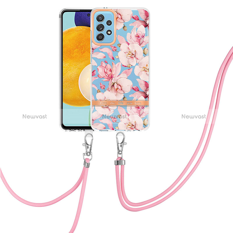 Silicone Candy Rubber Gel Fashionable Pattern Soft Case Cover with Lanyard Strap Y06B for Samsung Galaxy A52 4G Pink