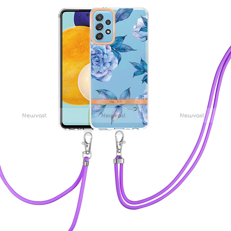 Silicone Candy Rubber Gel Fashionable Pattern Soft Case Cover with Lanyard Strap Y06B for Samsung Galaxy A52 5G Blue