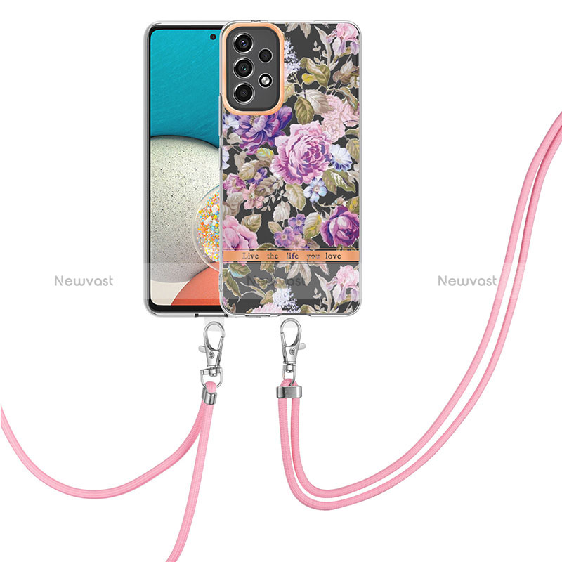 Silicone Candy Rubber Gel Fashionable Pattern Soft Case Cover with Lanyard Strap Y06B for Samsung Galaxy A53 5G Clove Purple