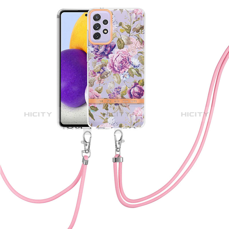 Silicone Candy Rubber Gel Fashionable Pattern Soft Case Cover with Lanyard Strap Y06B for Samsung Galaxy A72 4G Clove Purple