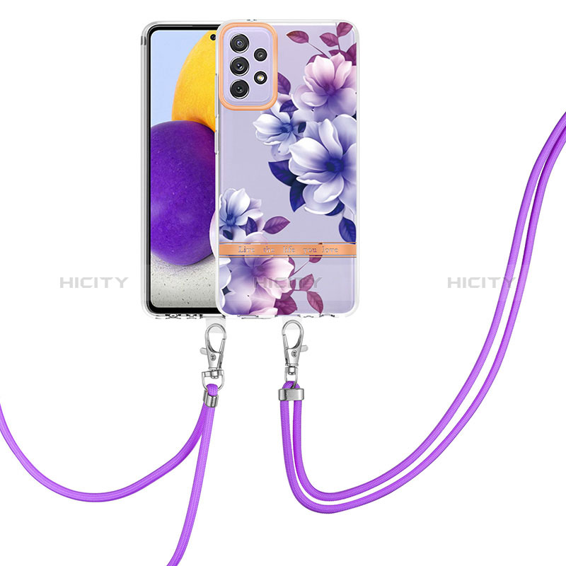 Silicone Candy Rubber Gel Fashionable Pattern Soft Case Cover with Lanyard Strap Y06B for Samsung Galaxy A72 4G Purple
