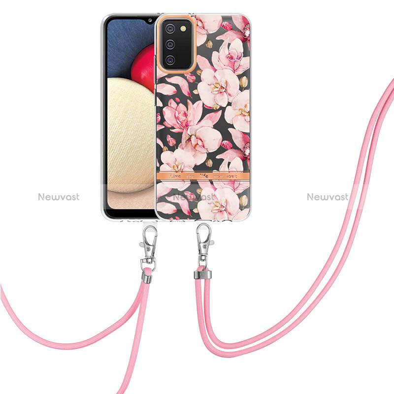 Silicone Candy Rubber Gel Fashionable Pattern Soft Case Cover with Lanyard Strap Y06B for Samsung Galaxy F02S SM-E025F Pink