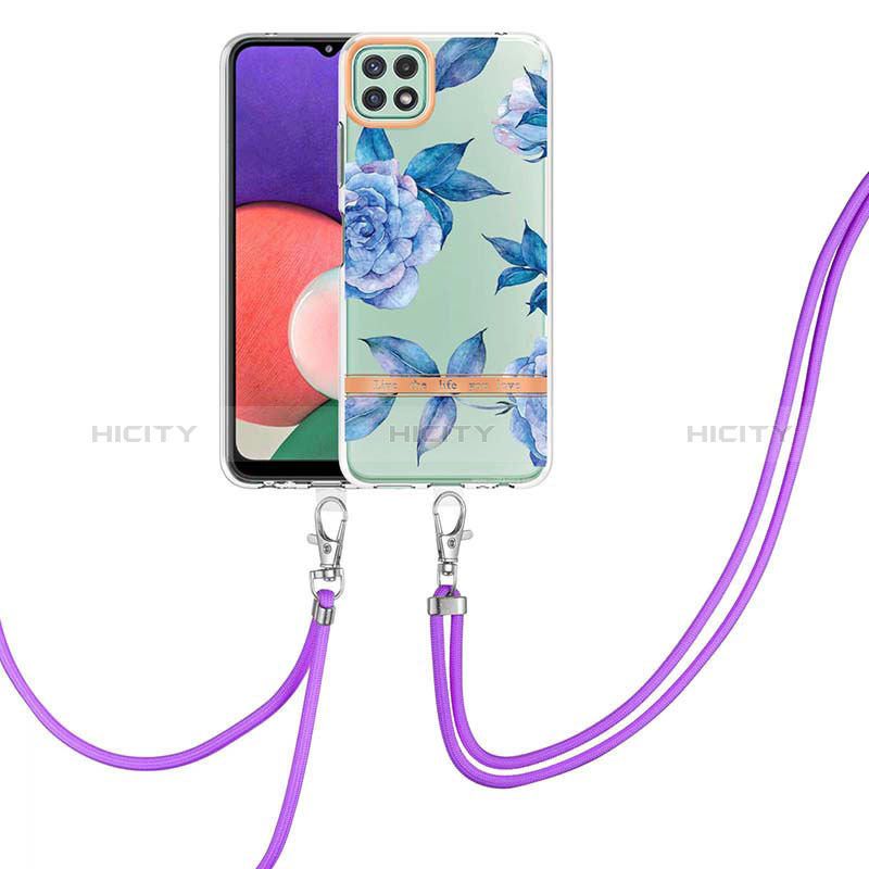 Silicone Candy Rubber Gel Fashionable Pattern Soft Case Cover with Lanyard Strap Y06B for Samsung Galaxy F42 5G Blue