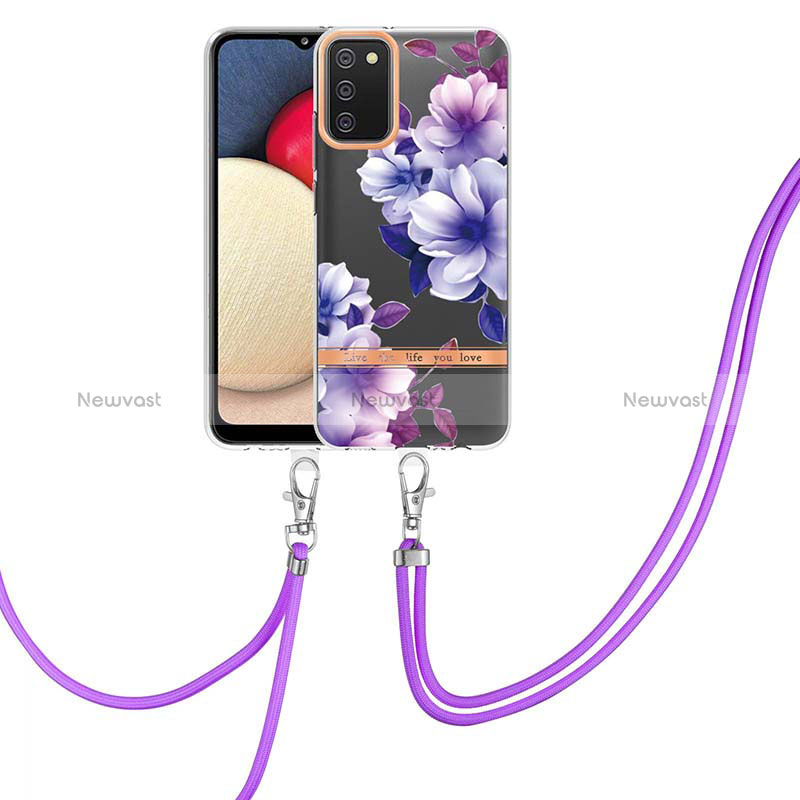 Silicone Candy Rubber Gel Fashionable Pattern Soft Case Cover with Lanyard Strap Y06B for Samsung Galaxy M02s Purple