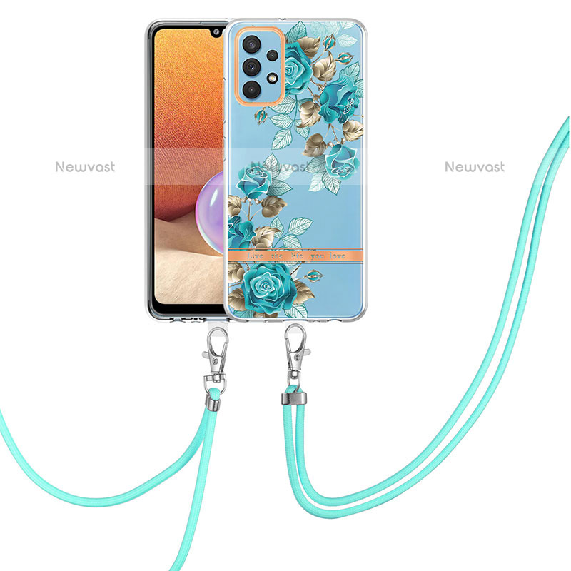 Silicone Candy Rubber Gel Fashionable Pattern Soft Case Cover with Lanyard Strap Y06B for Samsung Galaxy M32 5G Cyan