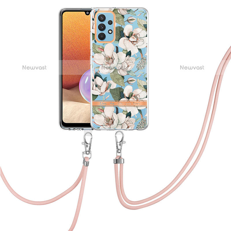 Silicone Candy Rubber Gel Fashionable Pattern Soft Case Cover with Lanyard Strap Y06B for Samsung Galaxy M32 5G White