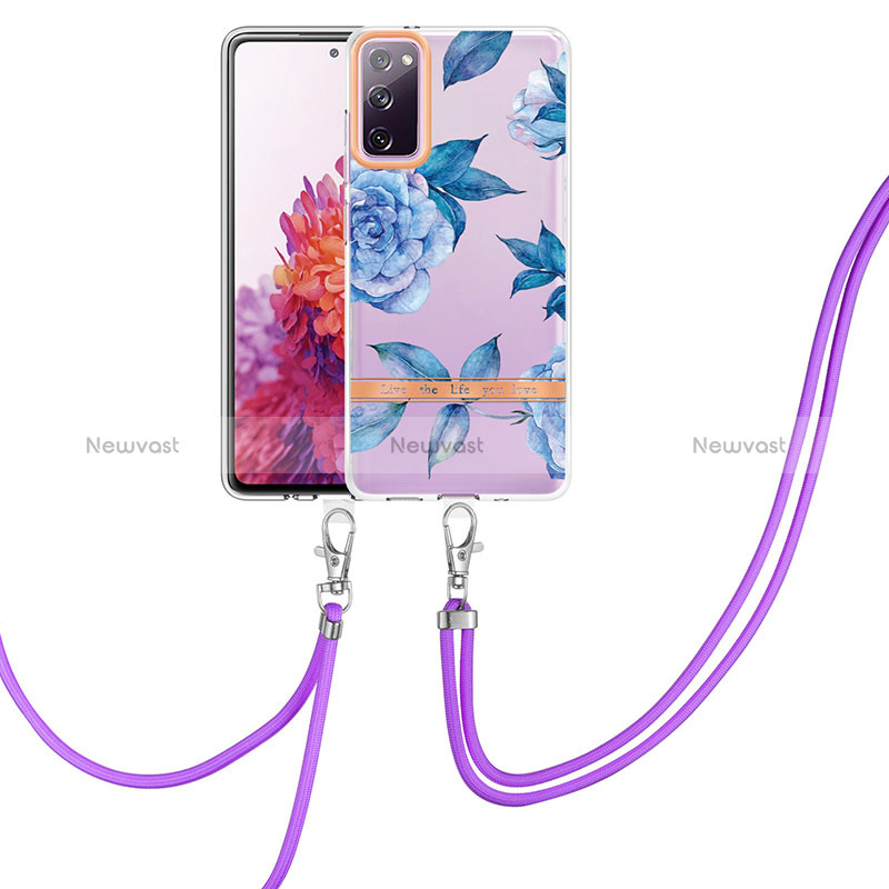 Silicone Candy Rubber Gel Fashionable Pattern Soft Case Cover with Lanyard Strap Y06B for Samsung Galaxy S20 FE (2022) 5G Blue