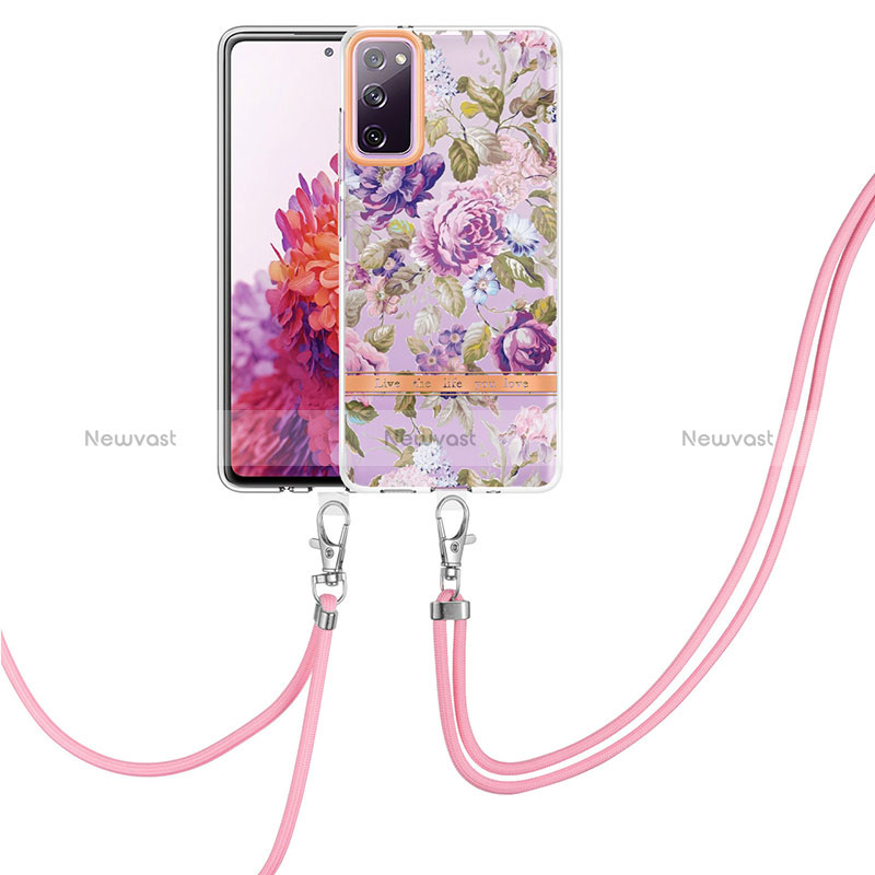 Silicone Candy Rubber Gel Fashionable Pattern Soft Case Cover with Lanyard Strap Y06B for Samsung Galaxy S20 FE (2022) 5G Clove Purple