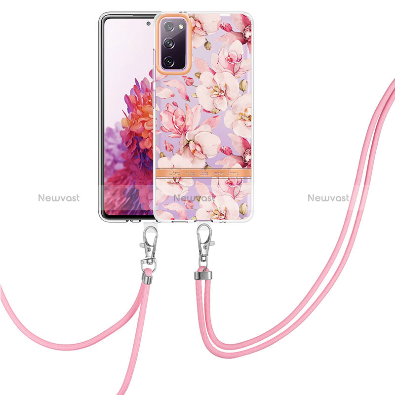 Silicone Candy Rubber Gel Fashionable Pattern Soft Case Cover with Lanyard Strap Y06B for Samsung Galaxy S20 FE (2022) 5G Pink