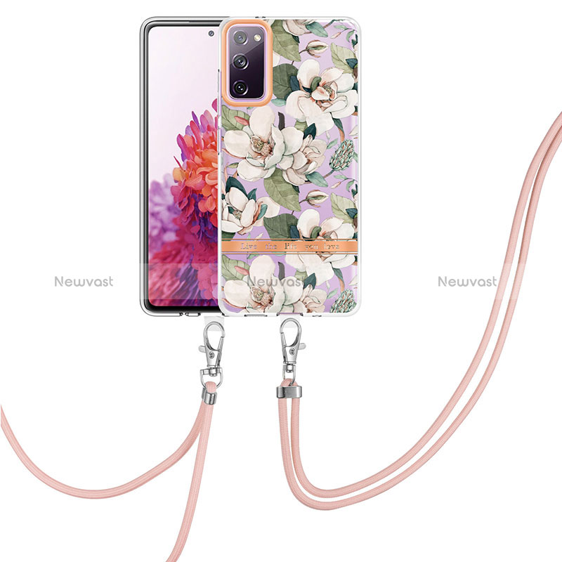 Silicone Candy Rubber Gel Fashionable Pattern Soft Case Cover with Lanyard Strap Y06B for Samsung Galaxy S20 FE (2022) 5G White