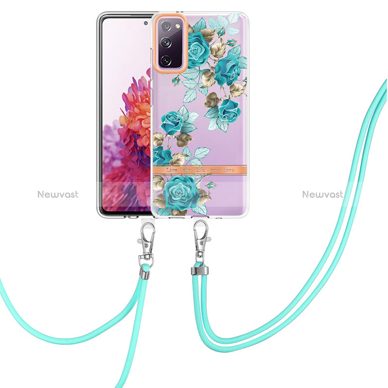 Silicone Candy Rubber Gel Fashionable Pattern Soft Case Cover with Lanyard Strap Y06B for Samsung Galaxy S20 FE 4G Cyan