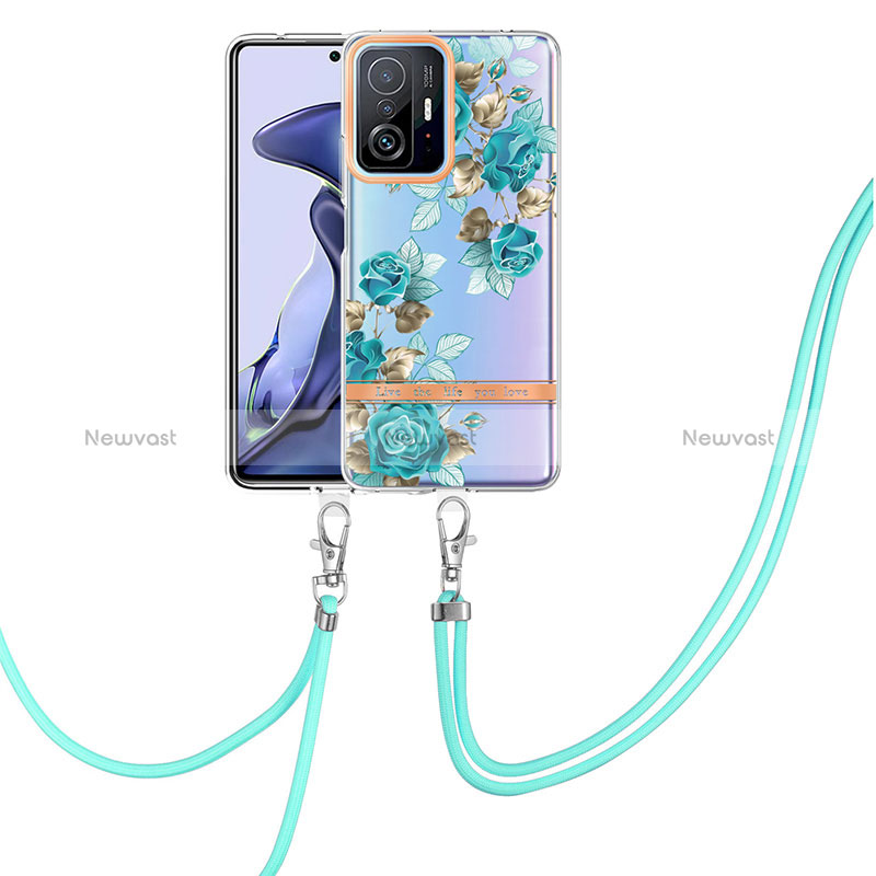 Silicone Candy Rubber Gel Fashionable Pattern Soft Case Cover with Lanyard Strap Y06B for Xiaomi Mi 11T Pro 5G Cyan