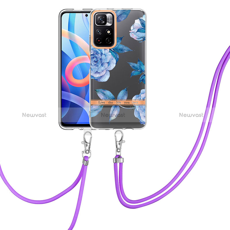 Silicone Candy Rubber Gel Fashionable Pattern Soft Case Cover with Lanyard Strap Y06B for Xiaomi Poco M4 Pro 5G Blue