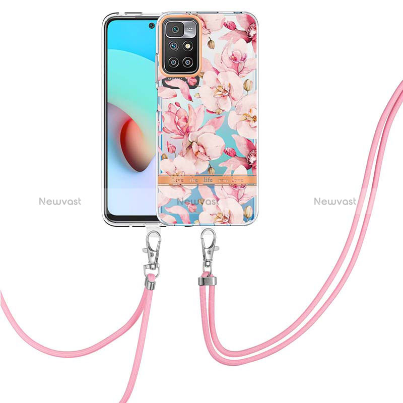 Silicone Candy Rubber Gel Fashionable Pattern Soft Case Cover with Lanyard Strap Y06B for Xiaomi Redmi 10 (2022) Pink