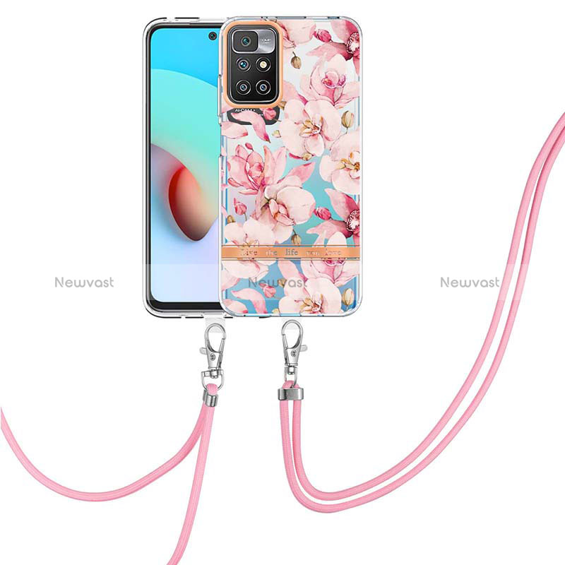 Silicone Candy Rubber Gel Fashionable Pattern Soft Case Cover with Lanyard Strap Y06B for Xiaomi Redmi 10 4G Pink