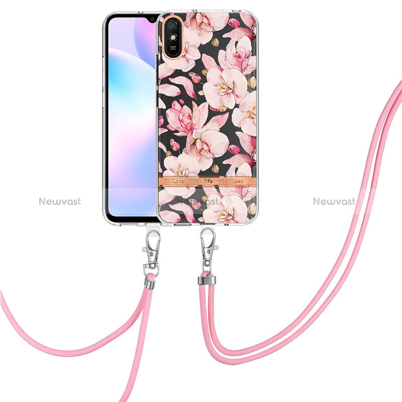 Silicone Candy Rubber Gel Fashionable Pattern Soft Case Cover with Lanyard Strap Y06B for Xiaomi Redmi 9A Pink