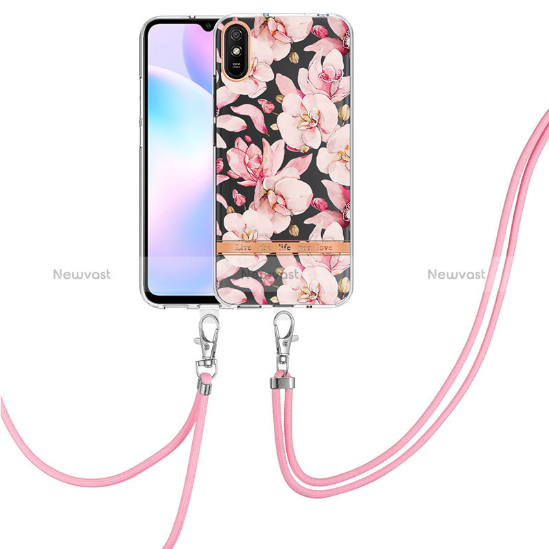 Silicone Candy Rubber Gel Fashionable Pattern Soft Case Cover with Lanyard Strap Y06B for Xiaomi Redmi 9AT Pink