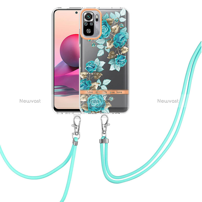 Silicone Candy Rubber Gel Fashionable Pattern Soft Case Cover with Lanyard Strap Y06B for Xiaomi Redmi Note 10 4G Cyan