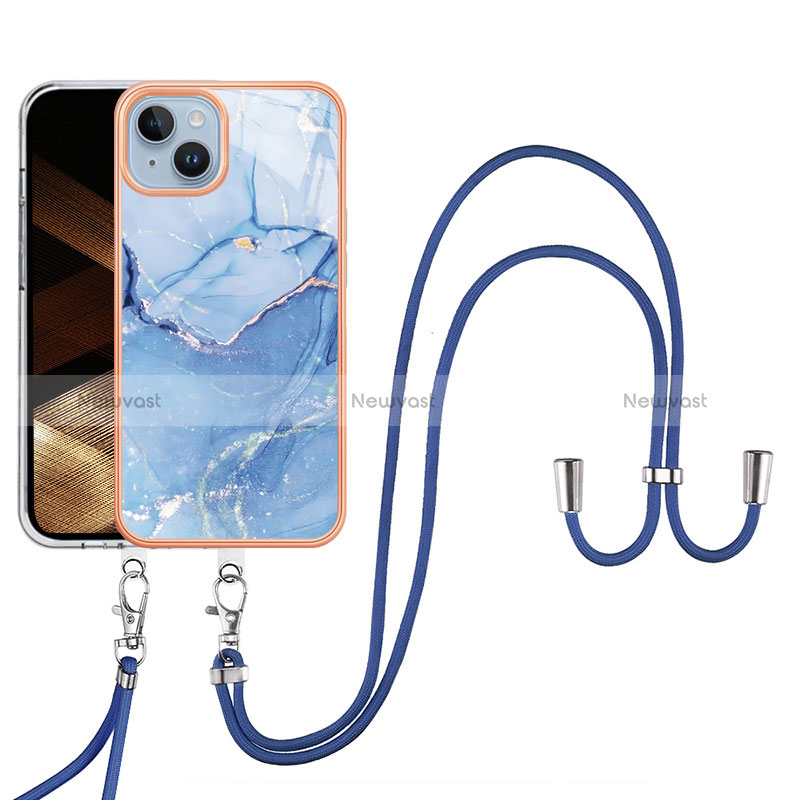 Silicone Candy Rubber Gel Fashionable Pattern Soft Case Cover with Lanyard Strap Y07B for Apple iPhone 13 Blue