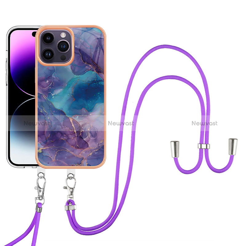 Silicone Candy Rubber Gel Fashionable Pattern Soft Case Cover with Lanyard Strap Y07B for Apple iPhone 13 Pro Purple