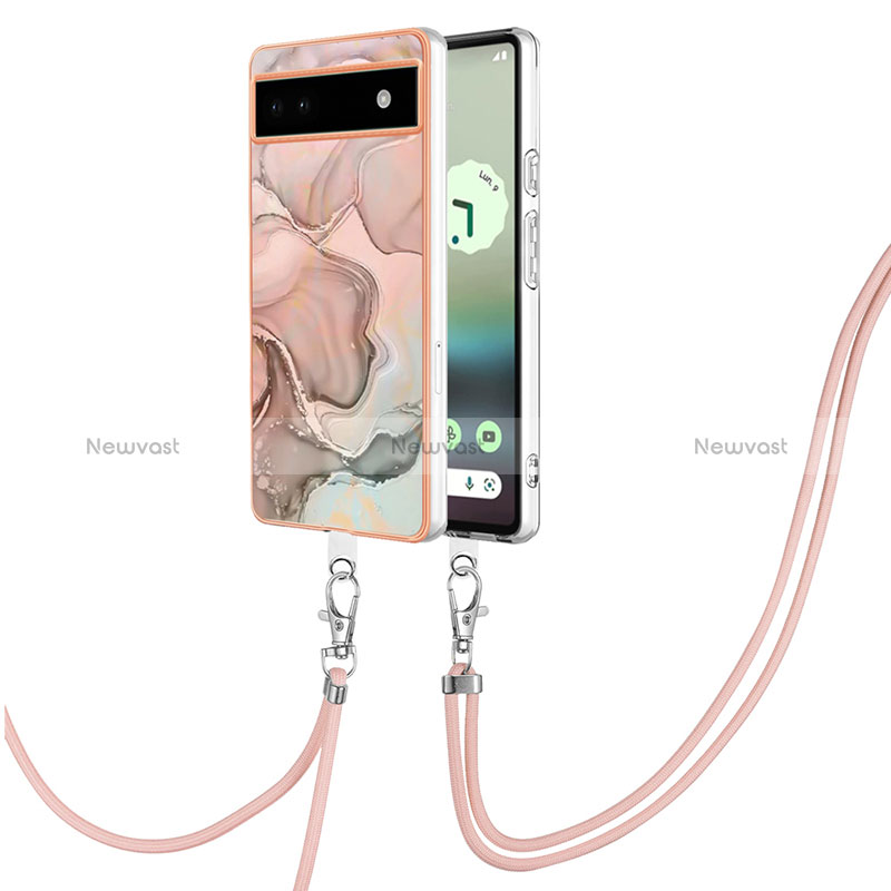 Silicone Candy Rubber Gel Fashionable Pattern Soft Case Cover with Lanyard Strap Y07B for Google Pixel 6a 5G Pink