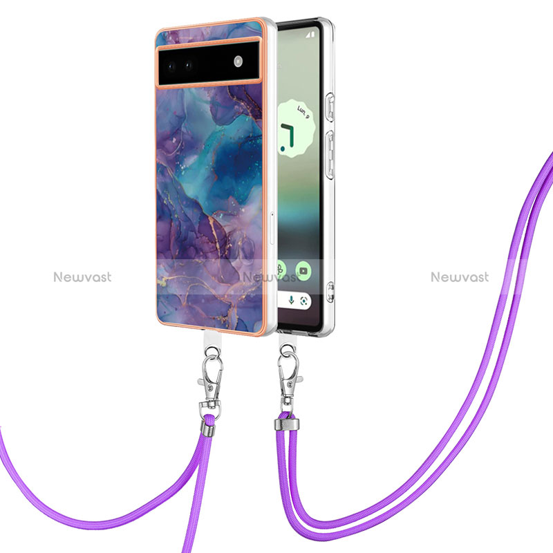 Silicone Candy Rubber Gel Fashionable Pattern Soft Case Cover with Lanyard Strap Y07B for Google Pixel 6a 5G Purple