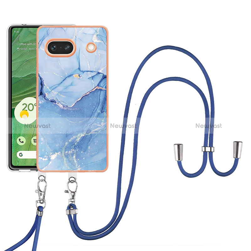 Silicone Candy Rubber Gel Fashionable Pattern Soft Case Cover with Lanyard Strap Y07B for Google Pixel 7a 5G Blue